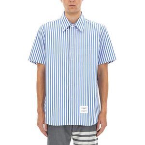 THOM BROWNE Button-Down Collar Logo-Appliquéd Striped Cotton-Poplin Shirt XXL $6